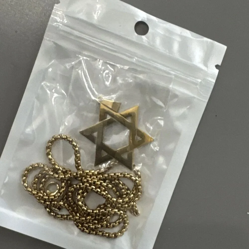 Stainless Steel Hebrew Jewish Israel Star of David Pendant 24” Chain Gold Unisex